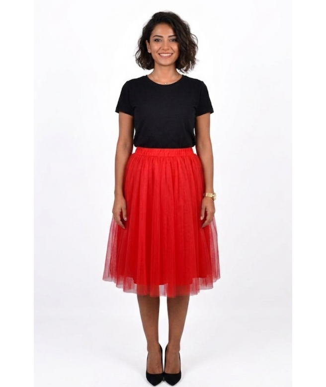 Fusta midi din tulle rosu